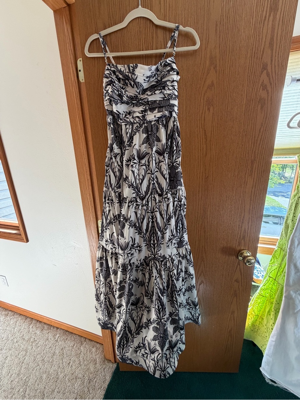 Liliana Meza Black and White Botanical Tiered Maxi Dress